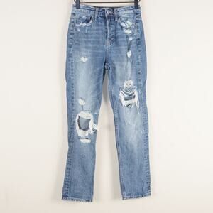 Vervet Super High Rise Button Fly Straight Leg Medium Blue Distressed Jeans 24